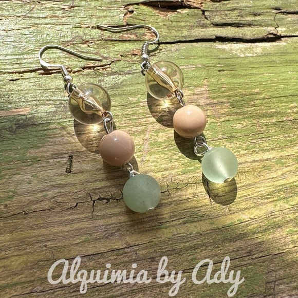 Handmade extra-long aventurine statement boho earrings dangle pastel - Picture 1 of 3